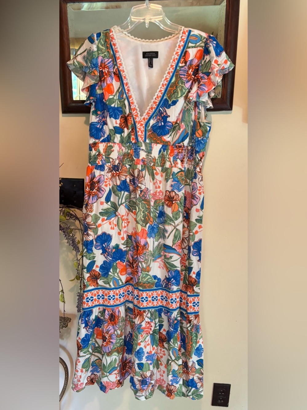 Adrianna Papell Smocked-Waist Flutter-Sleeve Midi Dress Sz 14 Colorful Cruise - Picture 2 of 12